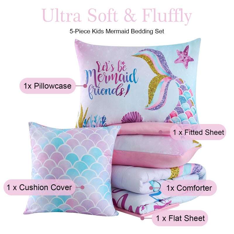 Cokouchyi Twin Size Comforter Set for Girls  5-Piece Bed in a Bag  3D Colorful Mermaid Bedding Comforter Sheet Set  Ultra Soft and Fluffy  Mermaid - Image 3